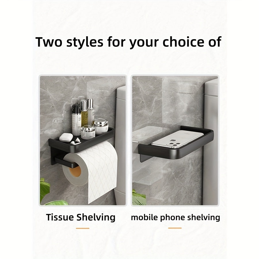 Toilet roll holder with shelf for bathroom storage and organization.