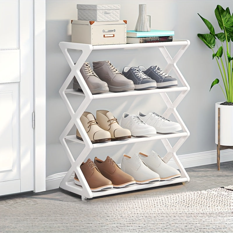 The Black Steel Tube Style X-Shaped Shoe Rack is a convenient and space-saving storage solution for shoes. With a 4-tier design and metal frame, it is easy to assemble and features a dustproof, multi-layer design. Ideal for entryways, bedrooms, and