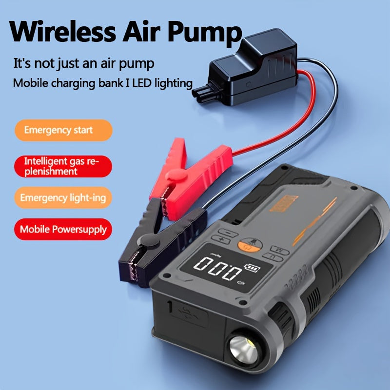 Portable car inflator pump with emergency night light and wireless power supply. Features 8000mAh lithium battery for tire inflation and emergency use.