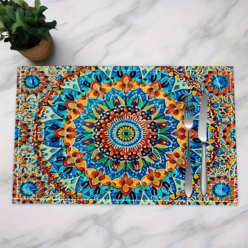 4 Mandala-style placemats with a Persian Bohemian design, heat resistant and washable, suitable for home and restaurant use.