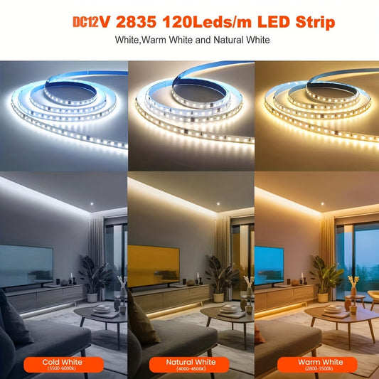 12V High Brightness SMD 2835 LED Light Strip - 5m, 120 LEDs/Meter, Flexible Decorative Light Strip for Bedroom, Kitchen, Party. Available in Cold White, Warm White, Natural White.