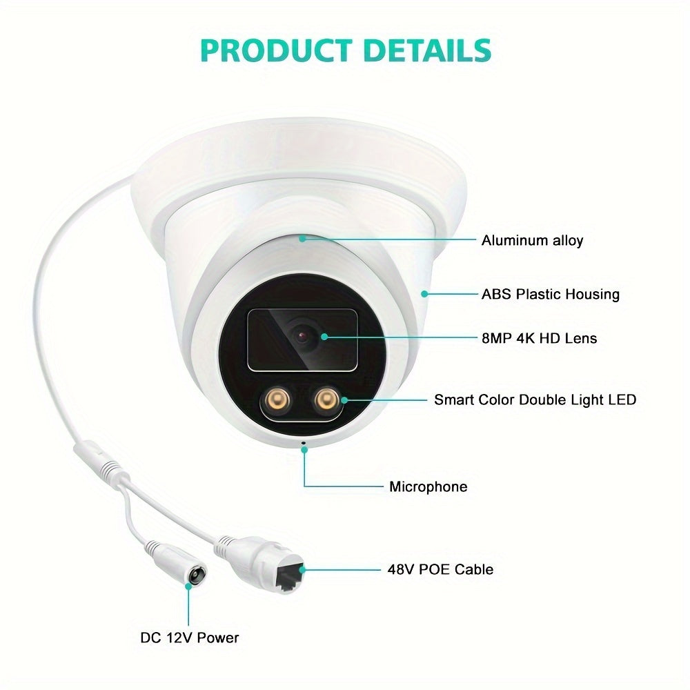 4K/8MP, 6MP, 2K/4MP Dome Camera with audio for indoor and outdoor use. Features POE, H.265 compression, wide 2.8mm lens, and full-color night vision. Compatible with NVR, easy installation