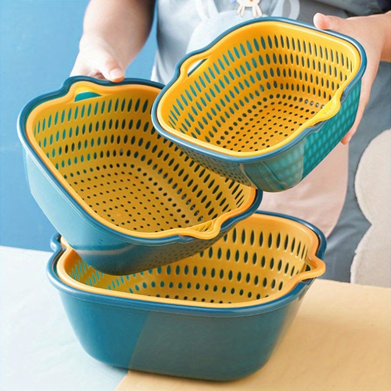 Set of 6 Plastic Colanders, Featuring Double-Layer Drain Baskets, Ideal for Rinsing Fruits and Vegetables, Versatile Kitchen Strainers for Various Uses