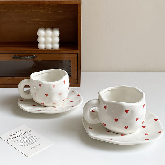 Valentine's Day Love Irregular Coffee Cup and Saucer with a unique hand-kneaded texture. Ideal for home decor, drinking water, afternoon tea, coffee, cake, couple dates, candlelight