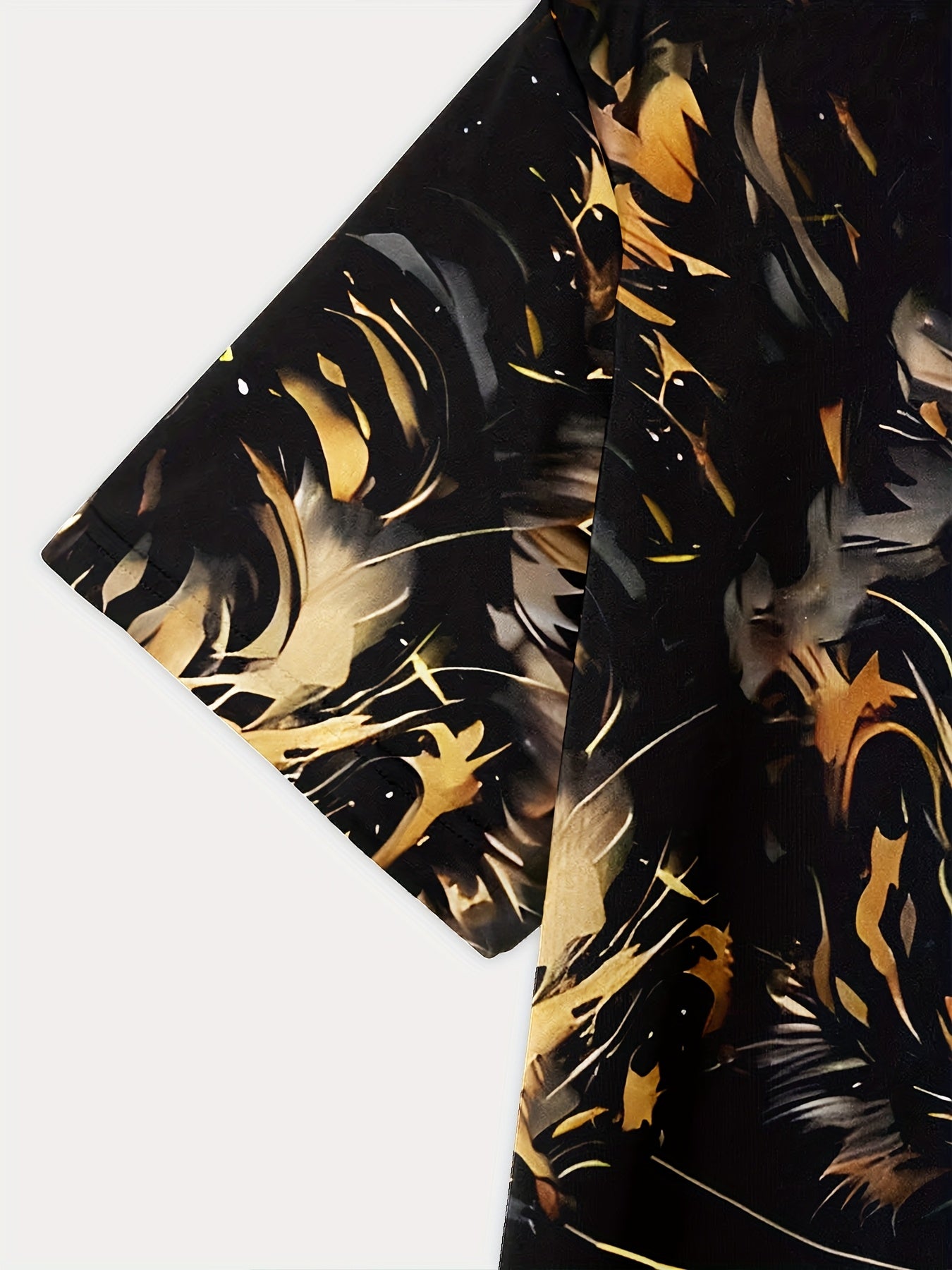 Men's casual crew neck t-shirt with black and golden oil tiger print, made of polyester knit fabric with slight stretch, ideal for daily and weekend wear.