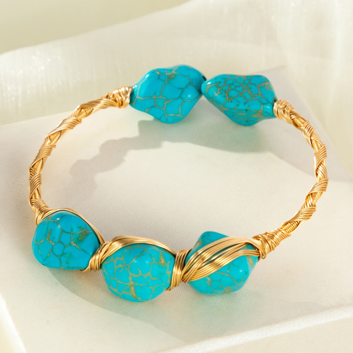 One piece of an exquisite handcrafted copper turquoise bracelet in a bohemian style, featuring a natural stone and adjustable size. Perfect for daily wear and gift-giving, this bracelet is made without any mosaic material.