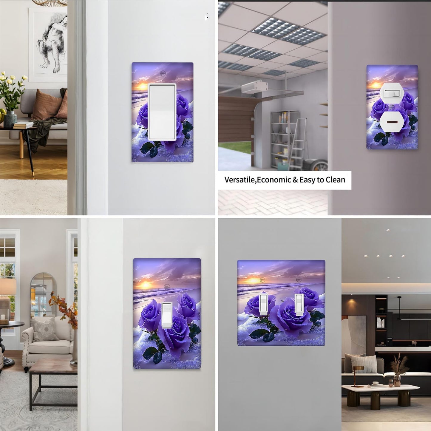 Wall plate with lavender purple rose design and socket switch cover. Enhance indoor and outdoor decor in bedrooms, kitchens, homes, and bathrooms. Power supply not included.