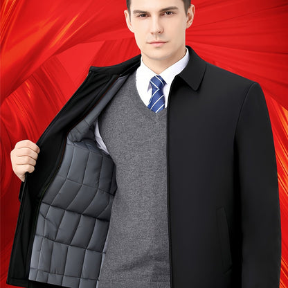 Men's Winter Thick Premium Lapel Jacket, 100% Polyester Solid Color Business Coat with Zipper Closure, Regular Fit