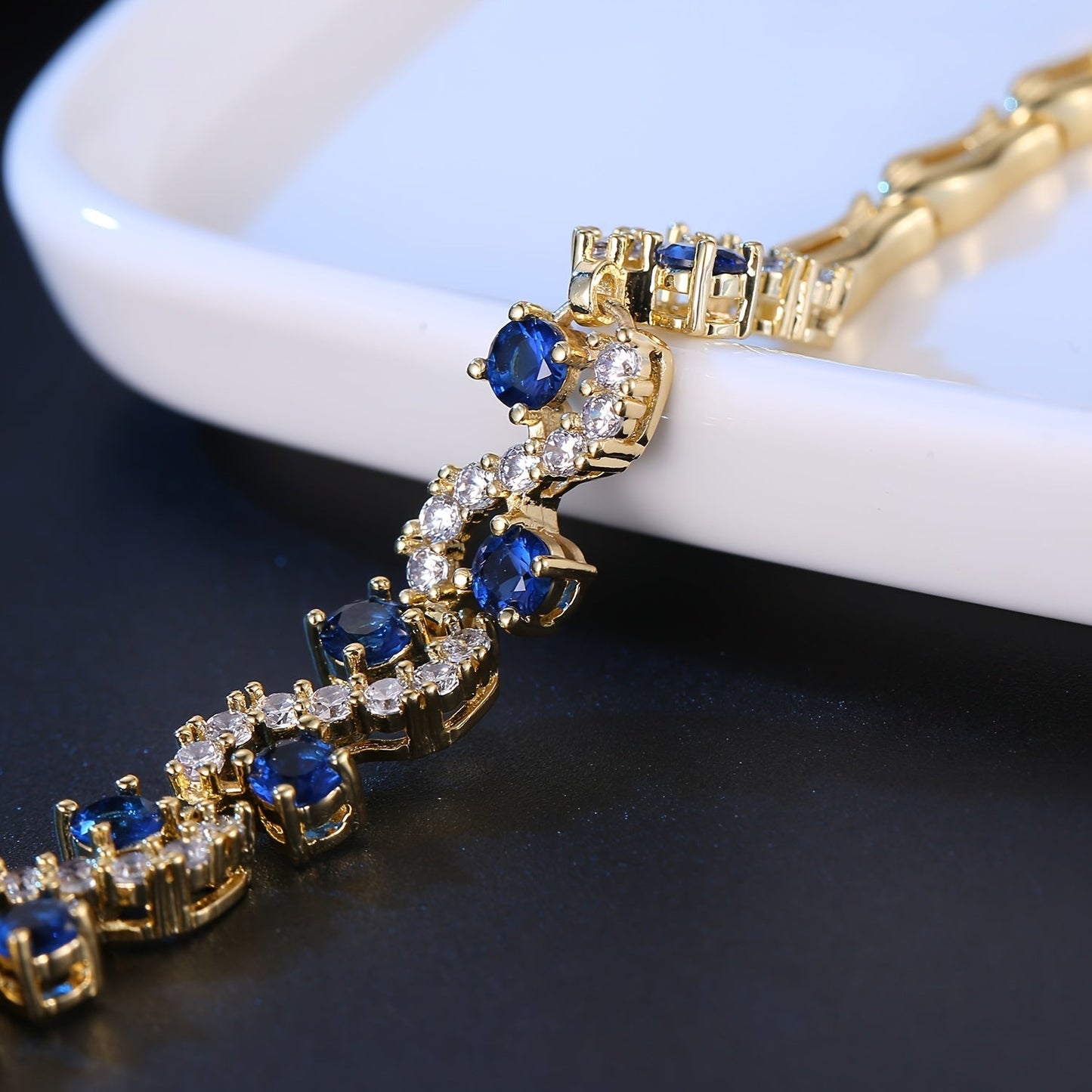 Stylish Blue Tennis Bracelet in 18K Gold-Plated with Shimmering Cubic Zirconia - Fashionable and Alluring Women's Accessory, Ideal for Celebrations and Special Occasions