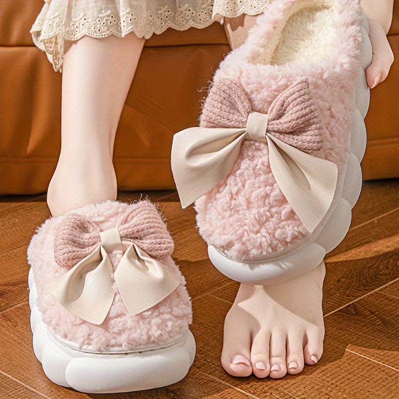 Women's winter warm plush slippers with bowknot detail and non-slip sole, perfect for autumn/winter indoor wear.