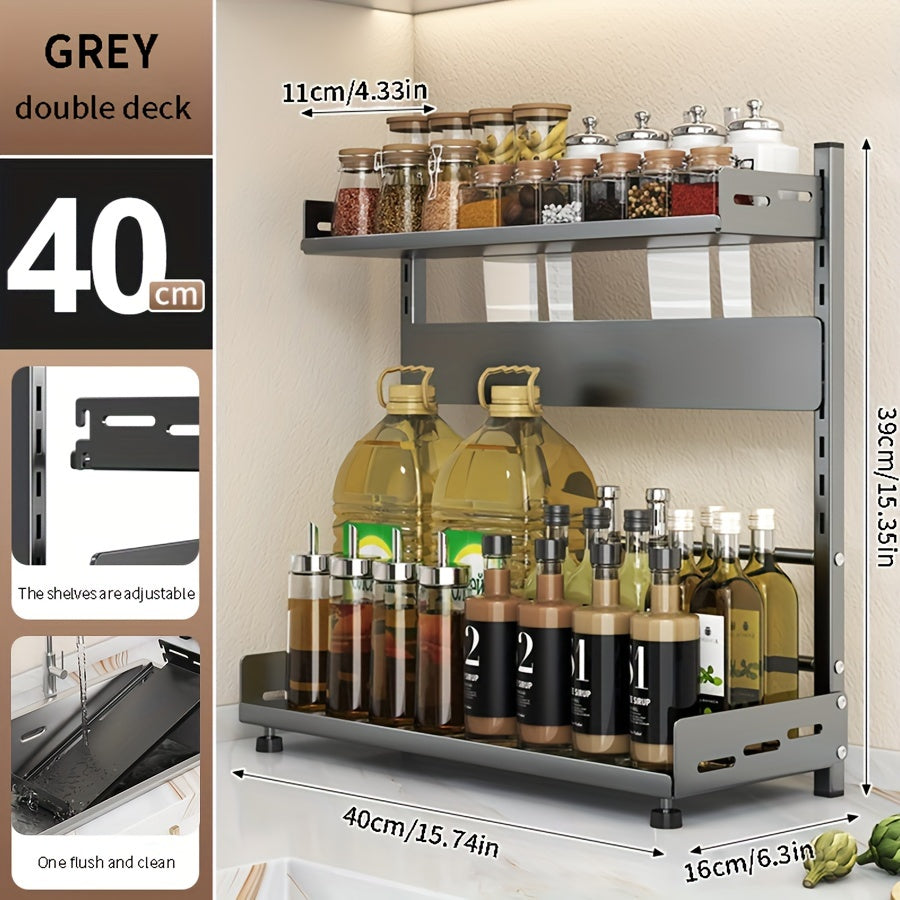 Adjustable Kitchen Storage Rack - Wall Mount with No-Drill Installation, Organize Seasonings and Utensils with Multi-Tier Modern Metal Design, Perfect for Spice Storage and Knife Placement.