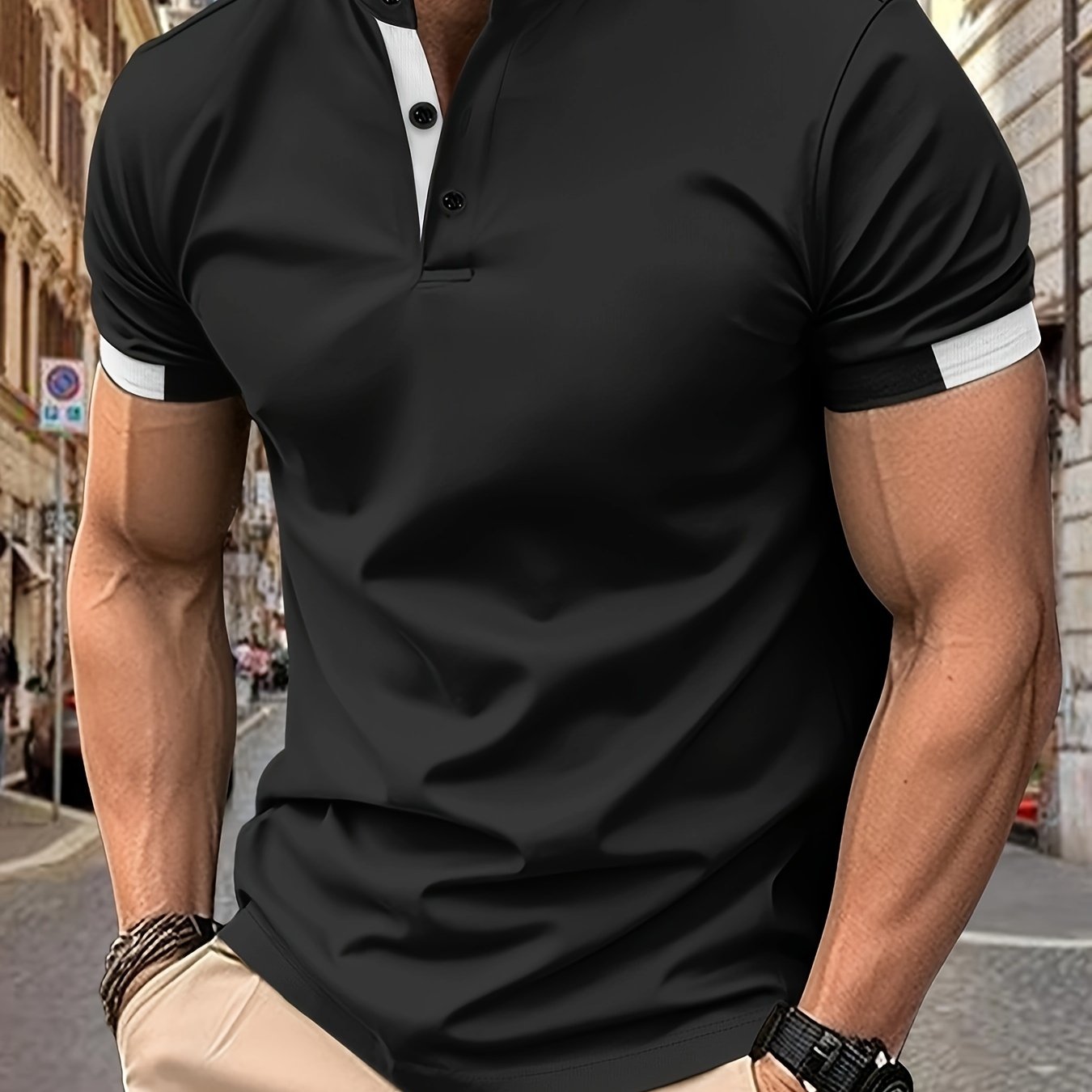 Men's Solid Color Stand Collar Henley T-shirt, Perfect for Summer, Casual Sports for Gift.