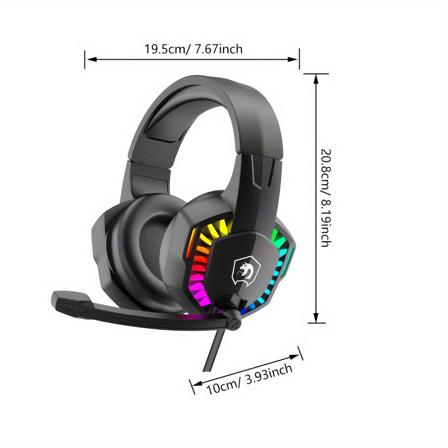 Noise-canceling mic gaming headset with RGB lights, wired over-ear headphones for PS4, PS5, Xbox One, PC, Mac. Durable plastic, soft memory earmuffs, button control, tangle-free cable, no