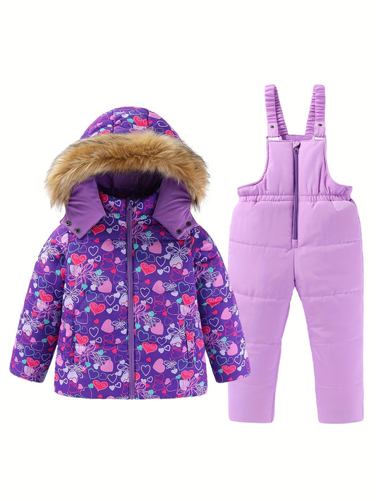 Girls' Winter Ski Snowsuit Set with Hooded Jacket and Suspender Pants for Outdoors