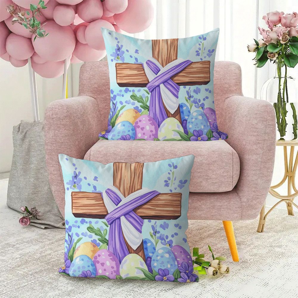 Pillow Cover Set featuring Modern Floral Easter Egg & Cross Design, Pack of 2, 45.72x45.72 cm, Easy to Wash in Machine, Comes with Zipper Closure, Year-round Comfort, Perfect for Sofa and Bedroom Decor, Insert Not Included