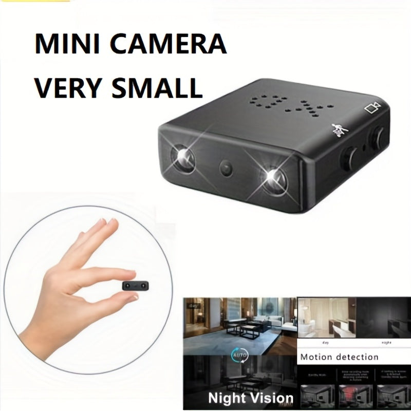 Mini camera with night vision, motion detection, and loop recording.