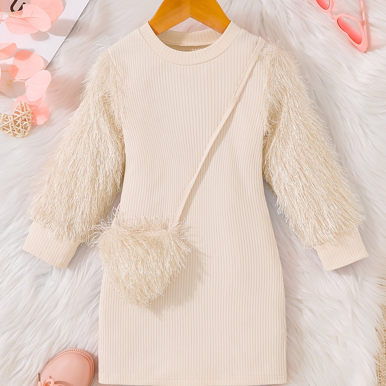 Pink tassel sleeve dress with bag detail for girls in casual spring and autumn style.