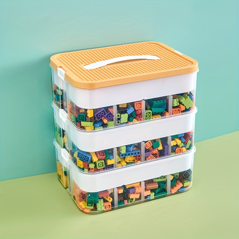 Large portable plastic storage box with lid and grid, multi-layer design, perfect for organizing blocks, snacks, and toys. Available in 1, 2, or 3 tiers, suitable for bedroom, living room