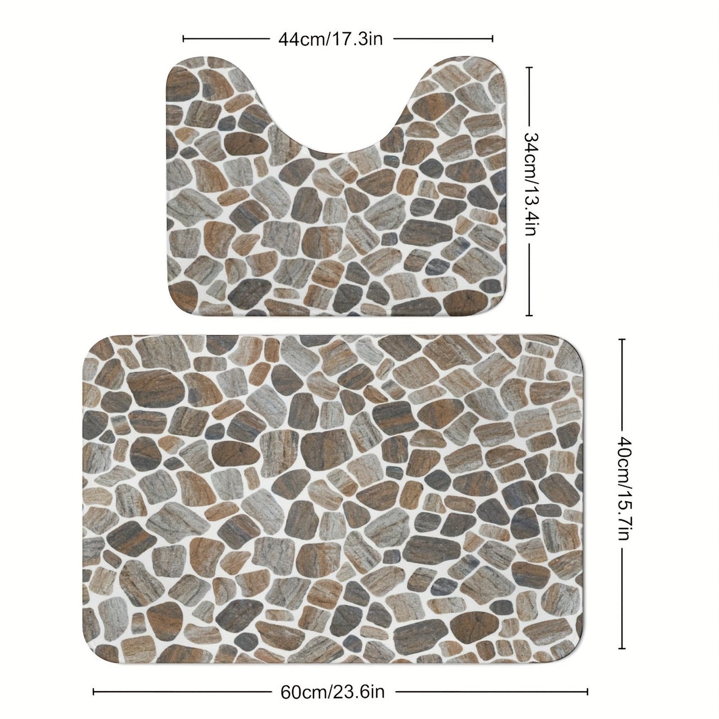 Two pieces of bathroom rugs made with high resilience foam, featuring a natural stream gravel design. These rugs are non-slip, absorbent with microfiber, and are machine washable. They are made of a polyester blend, are 1.2cm thick, and are woven bath