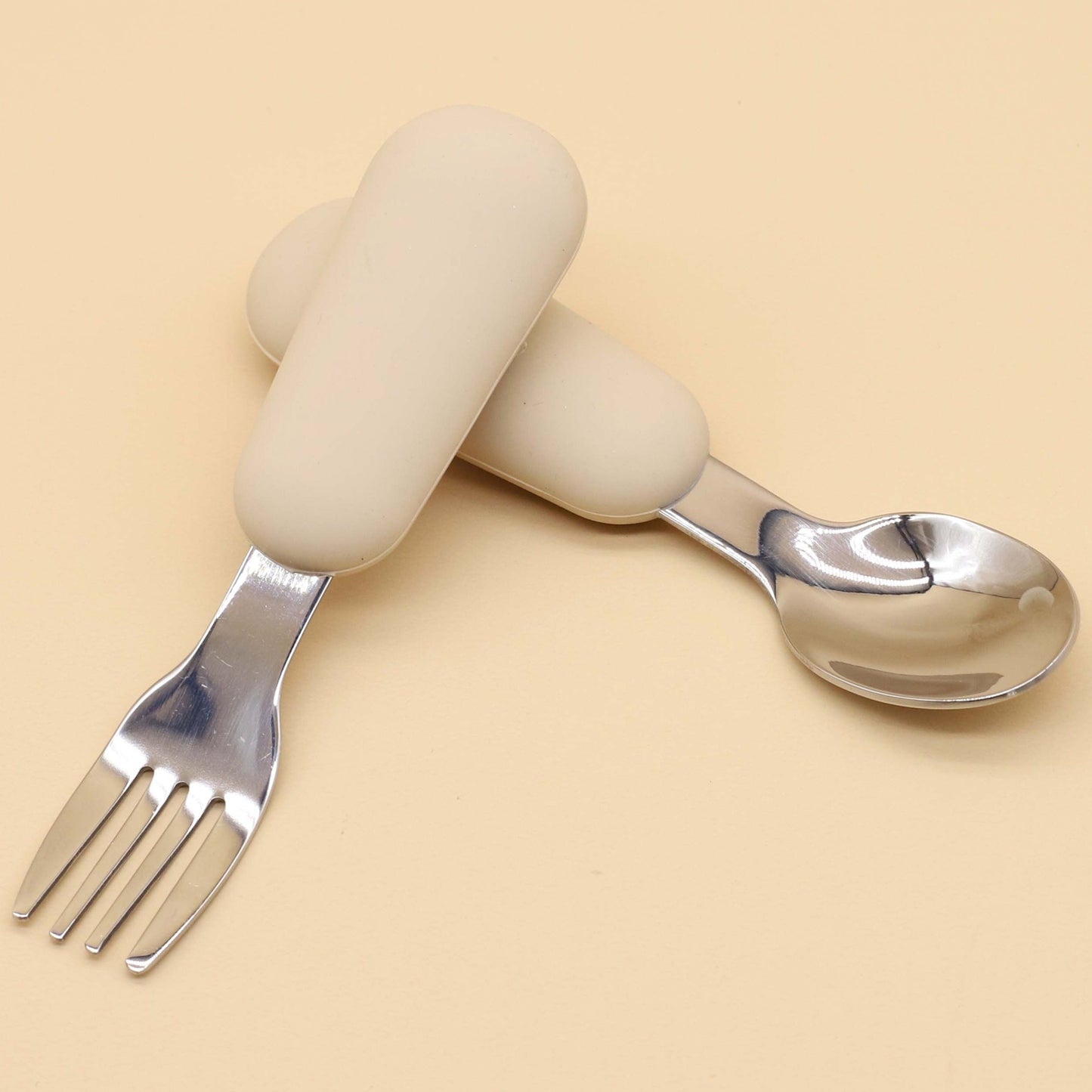 Stainless Steel Feeding Spoon & Fork Set with Red Silicone Handles - Ideal for