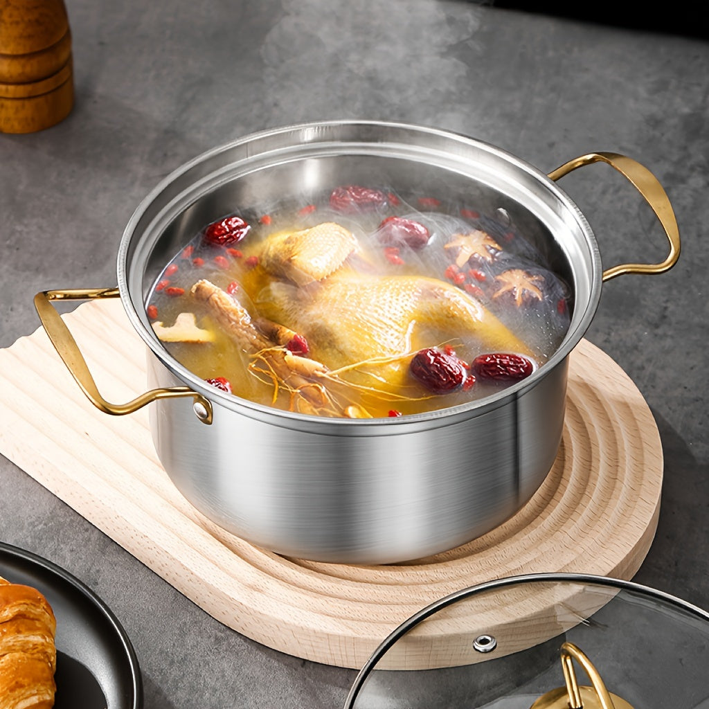 Durable 10-Piece Stainless Steel Cookware Set featuring Glass Lids and Double Handles in a Beautiful Golden Finish - Ideal for Home, Dorm, Camping, and Cooking Soups & Stews. This Kitchenware Set is Dishwasher Safe and compatible with all Stovetops.