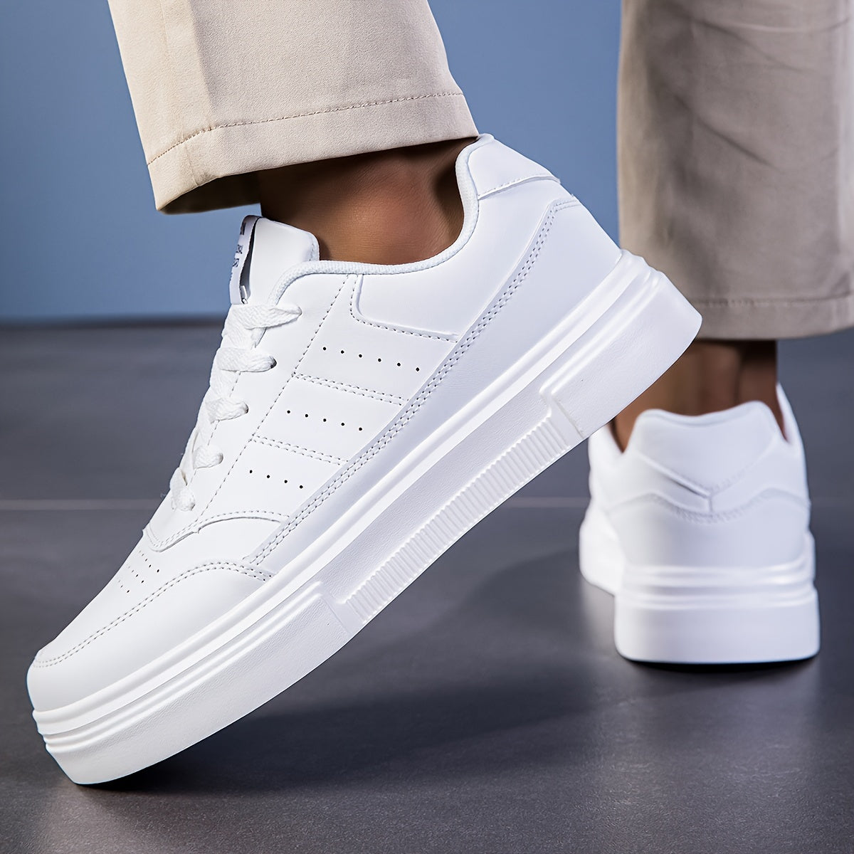 White casual sneakers for men - comfortable, durable, all-season low-top lace-ups with soft EVA sole for casual wear and running.