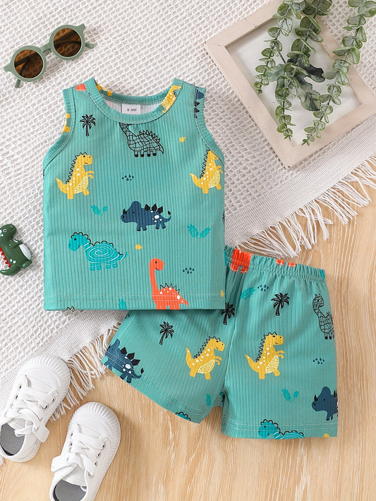 Boys' Dinosaur Print Sleeveless Vest and Shorts Set for Summer Outdoor Casual Style