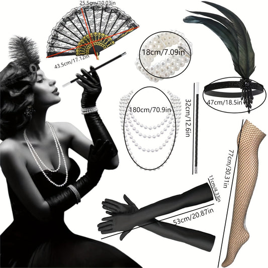 Vintage accessory set inspired by 1920s style, featuring Great Gatsby themed items such as headwear, necklace, bracelet, smoking rod, stocking earring, and costume decorations.