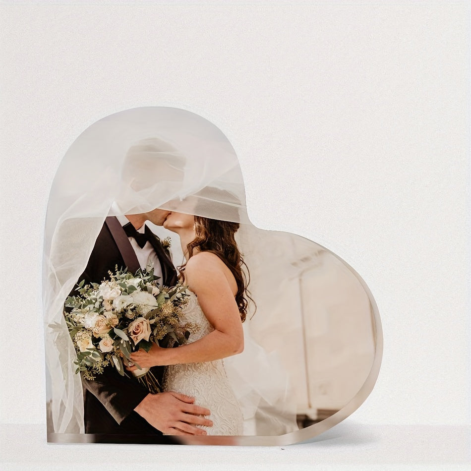 Personalized acrylic photo block for couples featuring a love story picture display. Perfect anniversary or romantic gift. Suitable for ages 14 and up. One piece included.