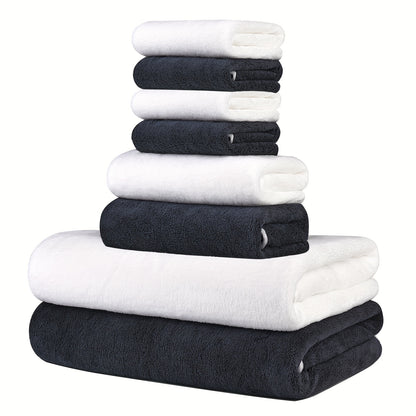 Super soft microfiber bath towel set includes 8 pieces: 2 bath towels (68.58 x 139.7 cm), 2 hand towels (34.8 x 76.2 cm), and 4 square towels (34.8 x 34.8 cm). Quick drying, highly absorbent, and lightweight.