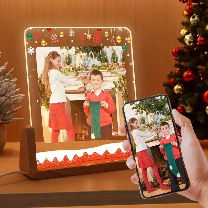 Personalized Christmas photo frame made of luminous love acrylic, featuring a high-end transparent design perfect for displaying photos. This customizable acrylic frame is a great DIY birthday gift for a girlfriend, boyfriend, or friend and serves as a