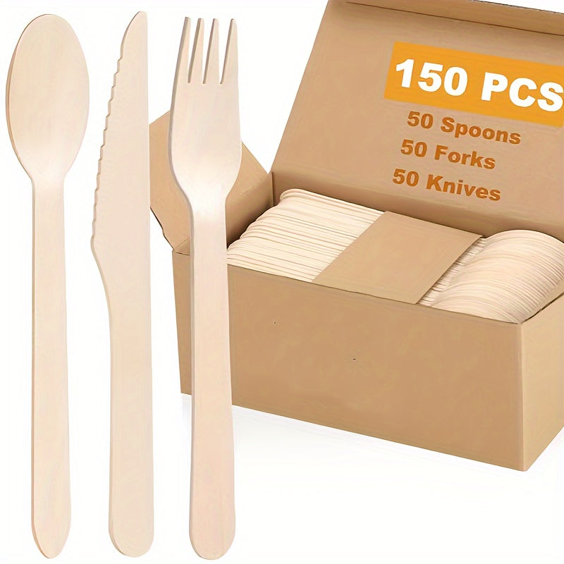 This pack includes a total of 150 disposable birch wood utensils, consisting of 50 knives, 50 forks, and 50 spoons, all measuring 16 cm each. These utensils are ideal for various events such as parties, camping trips, banquets, weddings, and picnics.