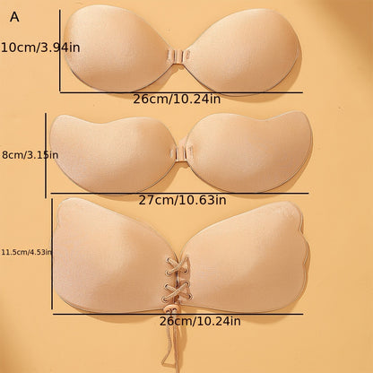 Set of 3 front lace-up stick-on bras, breathable and reusable, perfect for strapless wear. Feminine lingerie accessory.