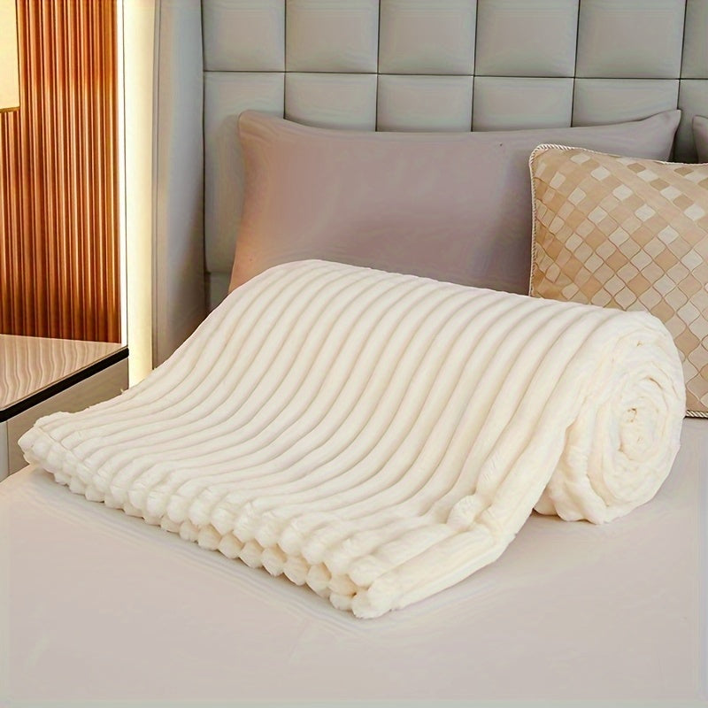 Soft and cozy lambswool throw blanket made with ultra-soft taffeta material. Features rolled edges and a solid beige color. Versatile for napping, bedroom, office, sofa, and travel. Makes the perfect Christmas gift.