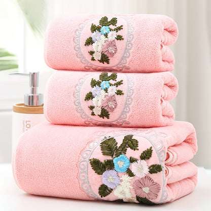 WF gauze flower 2 cents + 1 bath / 3pcs set Coral velvet embroidery towels (2 35*75cm, 1 70*140cm) soft, absorbent, quick-drying bathroom essentials for children and adults, skin-friendly