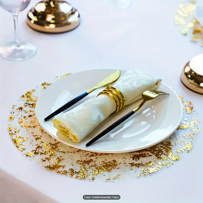 Set of 12 disposable golden placemats, metallic round 33.02 cm gold foil mesh pressed fall table mates. Perfect for dining table, wedding, birthday party, or holiday decoration.