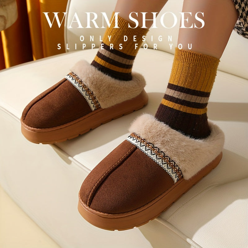 Women's cozy slippers with plush lining, non-slip EVA sole, soft fabric, casual style, hand wash only, solid color, all-season wear, no print.