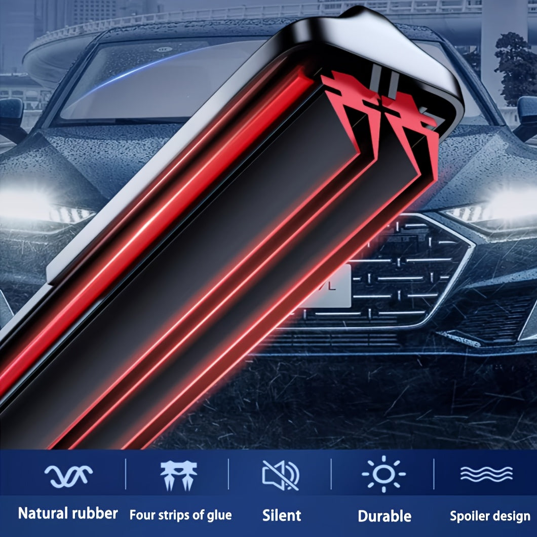 Quiet and durable 4-layer J/U hook wiper blades with 4 rubber strips in sizes ranging from 35.56 cm to 71.12 cm, suitable for all cars.