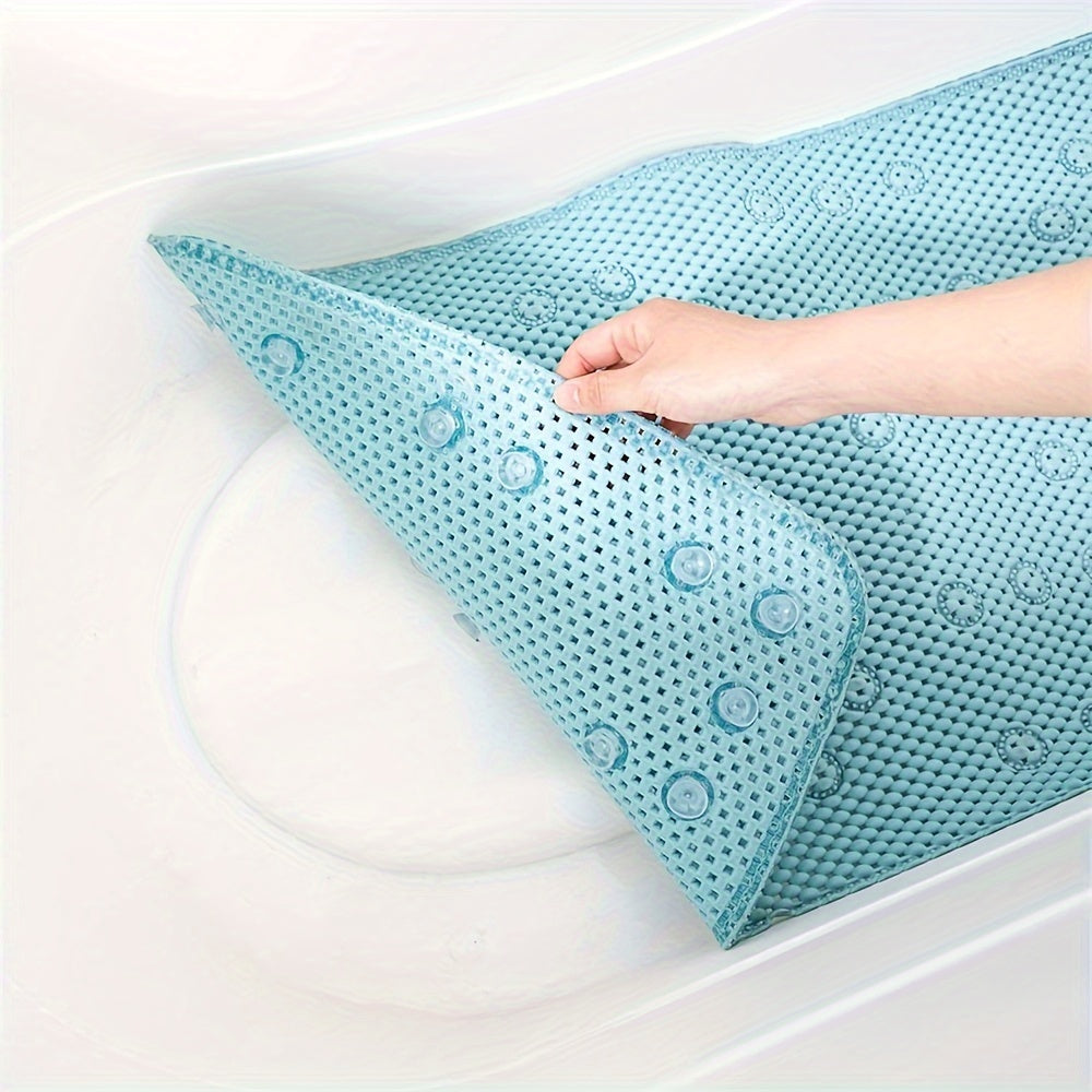 Non-slip bath tub mat made of soft foam with suction cups for pet-friendly use. Features an Americana style design with drain holes for slip-resistance. Easy to clean as it is machine washable. Made of a blend of ivory polyester and plastic, it fits