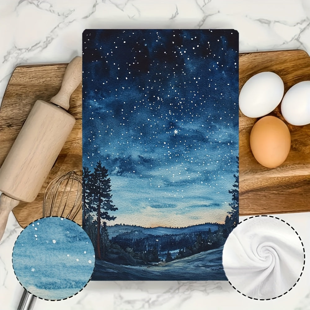 Set of 2 Ultra Plush Kitchen Towels with Starry Night Sky Design, Exceptionally Absorbent & Easy to Clean Dish Hand Towels, Size 40.64x60.96 cm - Ideal for Festive Decor and Drying Dishes