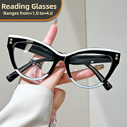 Stylish Cat Eye Reading Glasses with Metal Hinge - Minimalist Color Block Design, Presbyopic Eyewear Available in +1.0 to +4.0