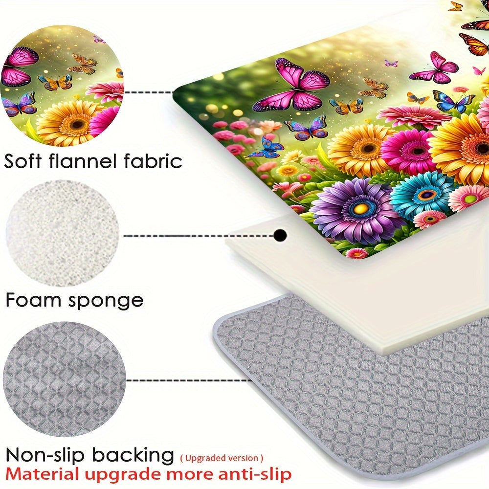 1 piece of Flannel Flower Anti-fatigue Kitchen Carpet with Sunflower Absorption and Anti-slip features, Butterfly Stain Resistant and Waterproof Mat for comfort in any room.