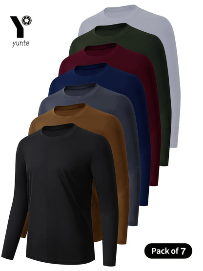 7pcs Men's Long Sleeve Fitness T-shirts, Solid Color, Quick-drying and Breathable, Body shaping Tops