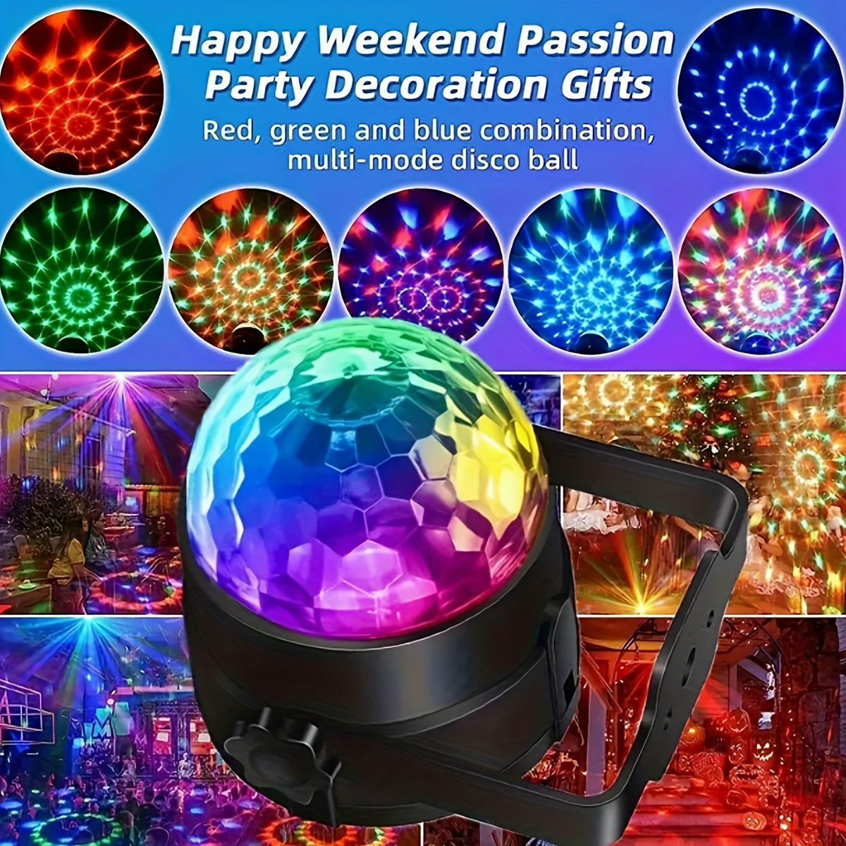 RGB Disco Ball Light with 7 lighting modes, remote control, USB-powered, freestanding plastic construction, ideal for home parties, bars, karaoke, weddings. No laser, multiple room use with button battery operation.