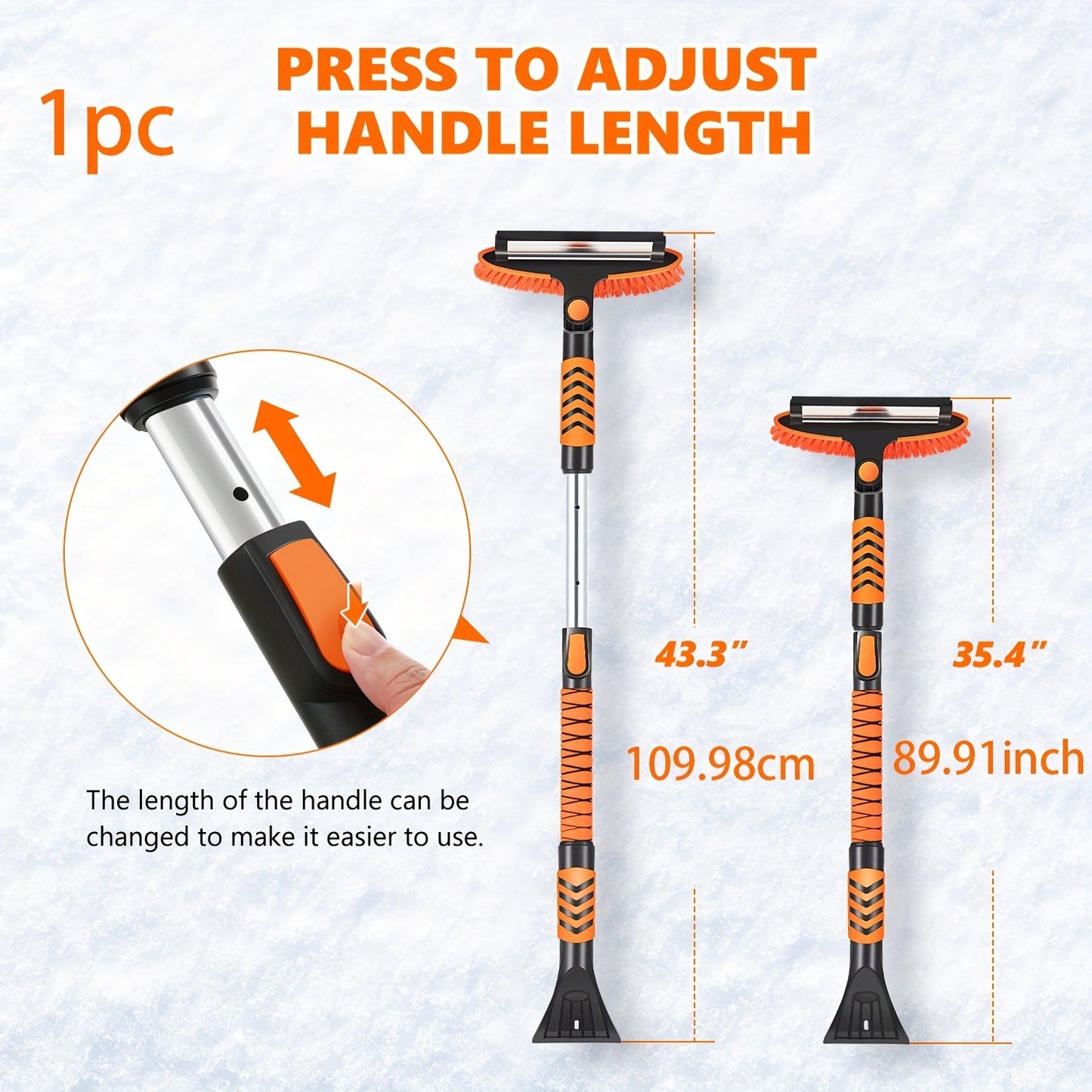 Winter Snow Broom with Extendable Snow Shovel, Car Glass Scraper, and Non-Slip Warm Gloves. PVC Soft Bristle Ice Scraping Tool for Heavy Snow. Outdoor Cleaning Accessory. Pack of 4pcs. Length: 109.98cm.