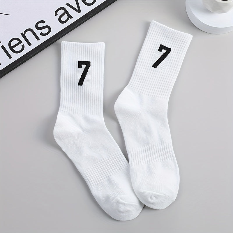 3 pairs of men's mid-calf socks with 17.78cm trendy design in black, white, and gray colors. Made of soft polyester/spandex blend, breathable and sweat-absorbent. Casual athletic wear