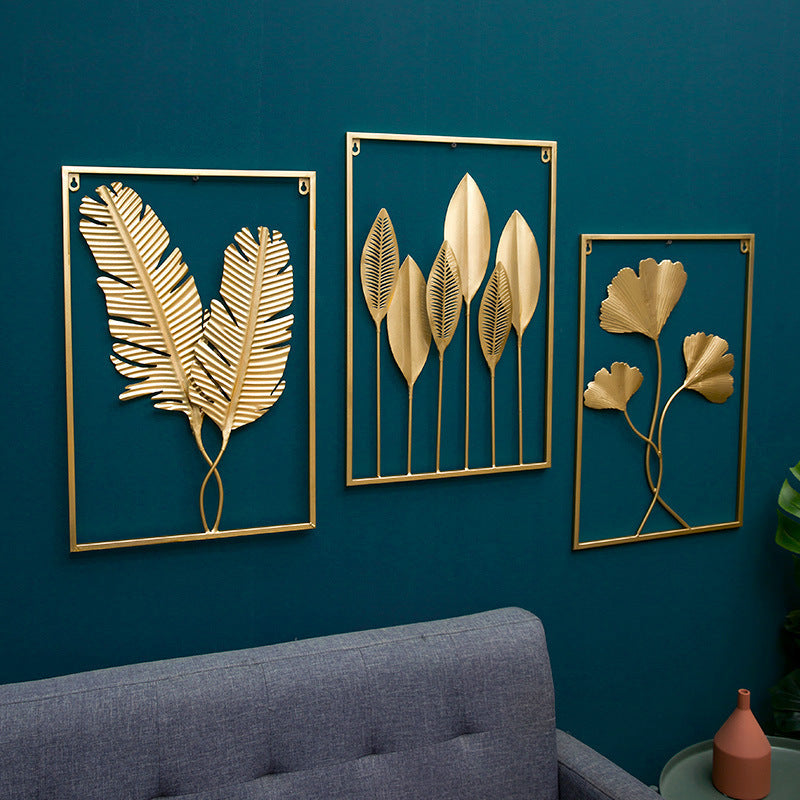 Modern stainless steel leaf wall art for living room, TV background, and entryway.