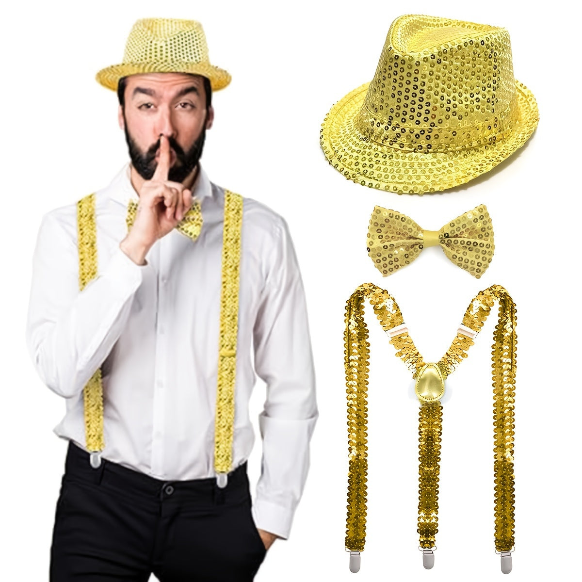 D EXCEED offers a set of three Disco sequin fedora hats with retro glitter accessories.