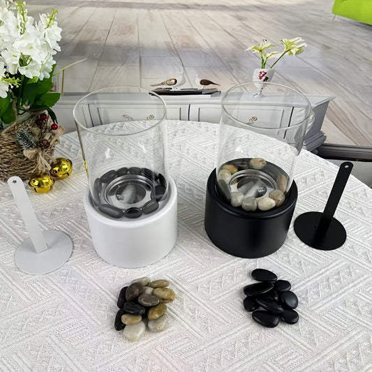 Portable fireplace for your dining table, featuring a round design with 1 black stone and 1 mixed color stone. Includes 2 black roasting forks and 1 silicone glove for safe use. Perfect for indoor use as a hotel decoration.