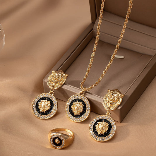 A set of European and American retro elegant temperament lion head jewelry, including an enamel charm necklace, a pair of charm earrings, and a ring adorned with lion heads.